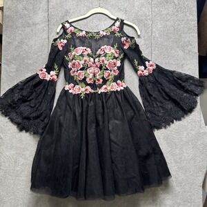 Fairycore Witchy Black Floral Embroidered Bell Sleeve Mini Dress Dave & Johnny S